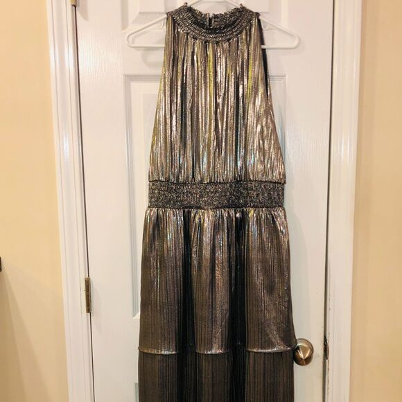 NWT Addison Evening Silver Metallic Dress Size 14 High Neck Glamour Maxi Formal - Picture 7 of 15